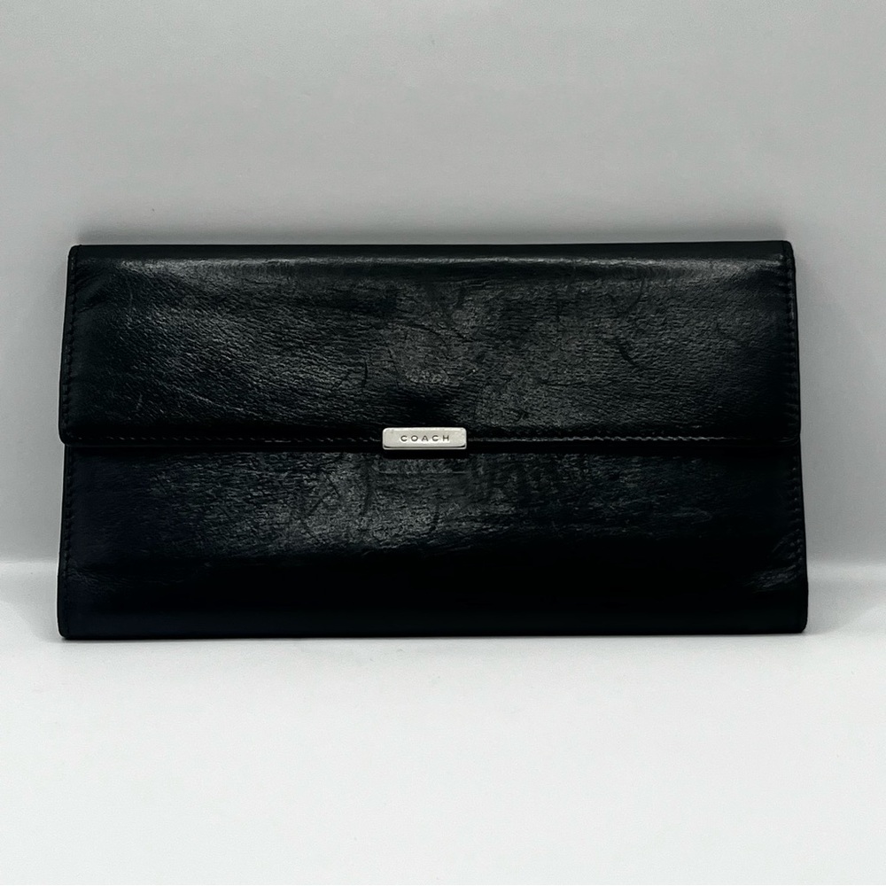 Coach Black Leather Slim Wallet with Silver Logo Plaque